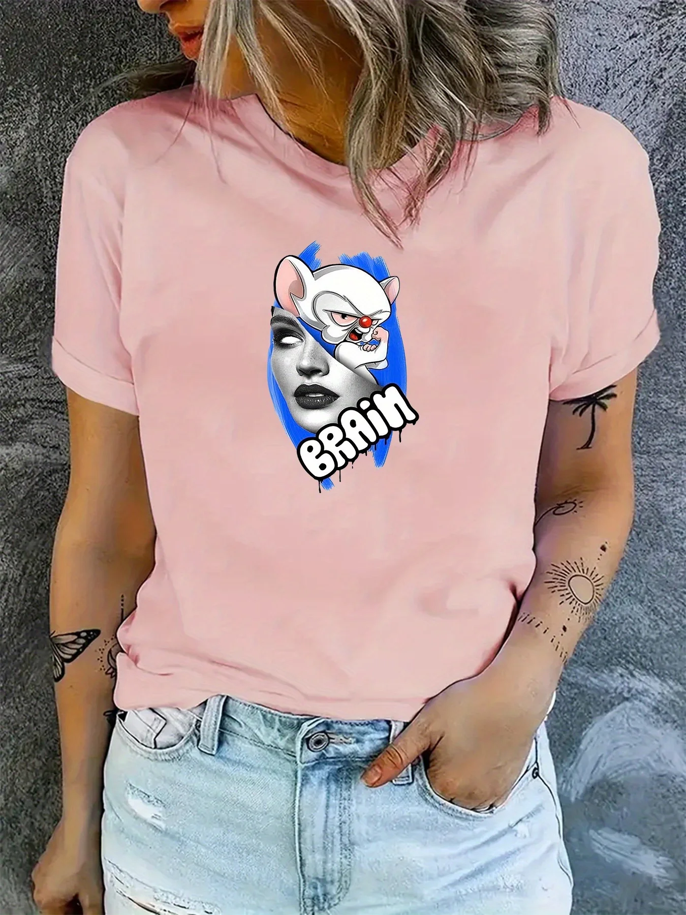 

Figure & Cartoon Print Casual T-Shirt, Round Neck Short Sleeves Sports Tee, Women's Comfy Tops