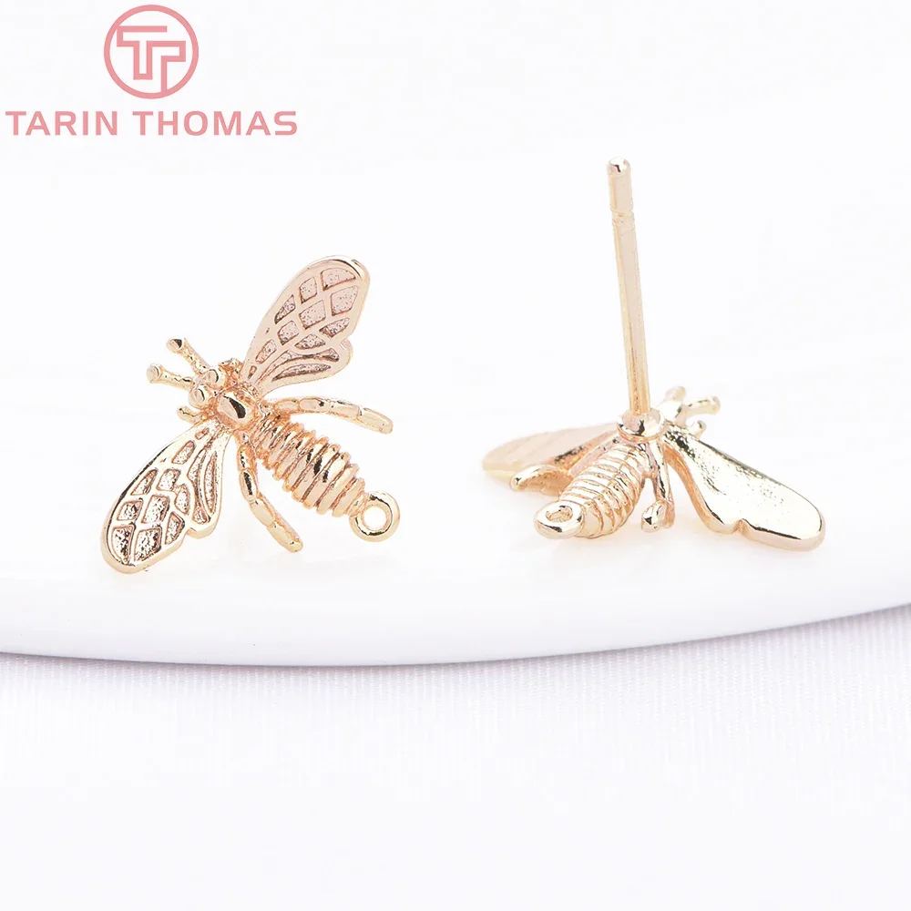 (2124) 6PCS 10x14MM 24K Gold Color Plated Brass Bee Stud Earrings High Quality DIY Jewelry Making Findings Accessories