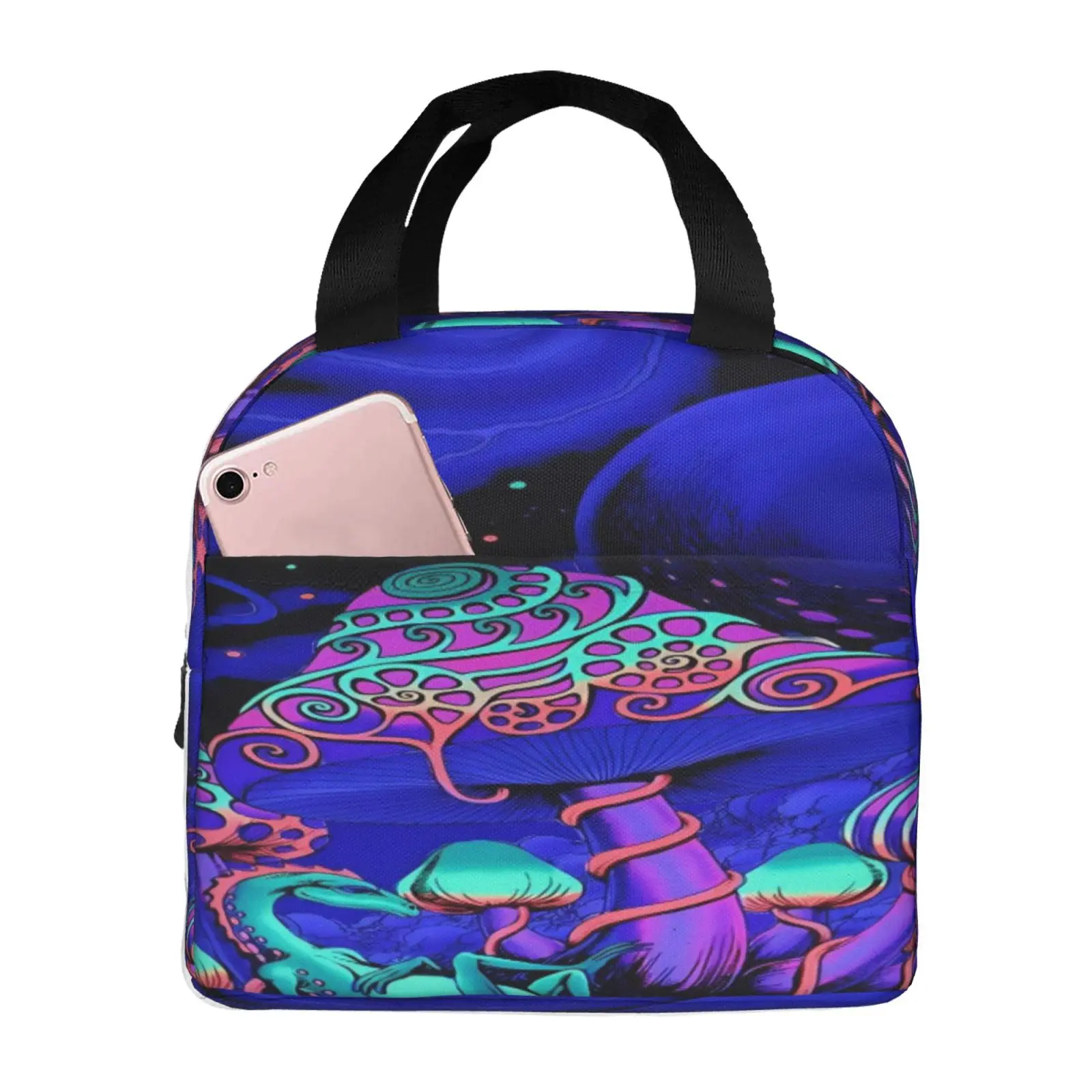 Psychedelic Mushroom Fluorescent Print Lunch Tote Bag Insulated Leakproof Lunch Box Container with Front Pocket for Girls Boys