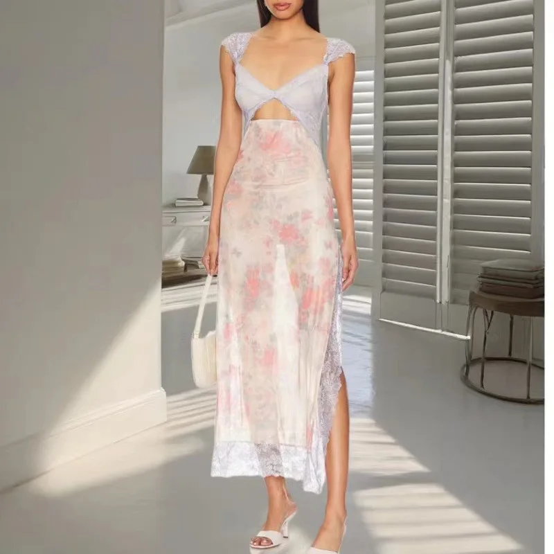 

Summer Floral Print Plunge Long Dress Outfits Sexy Mesh Backless Fairy Sun Dresses Vacation Beachwear Vestidos Women Clothing