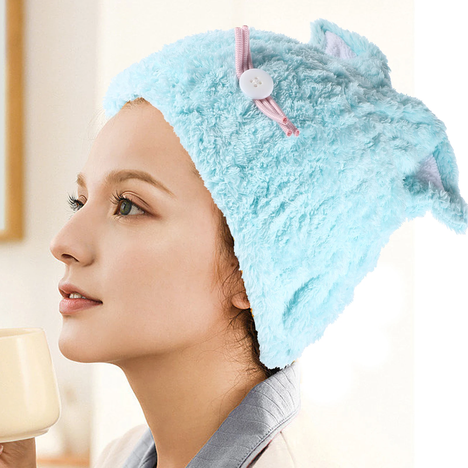 

Cat Ear Hair Drying Cap Blue Random Cat Beard Design Fast Drying Super Absorbent Towel For Curly Straight Dyed Hair