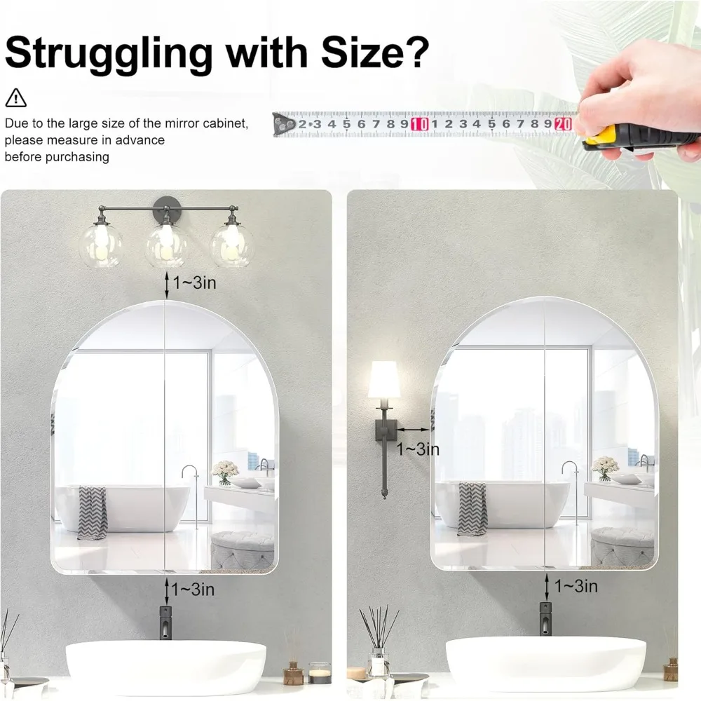 خزانة طبية بمرآة مقوسة بدون إطار مع بابين لتركيب السطح