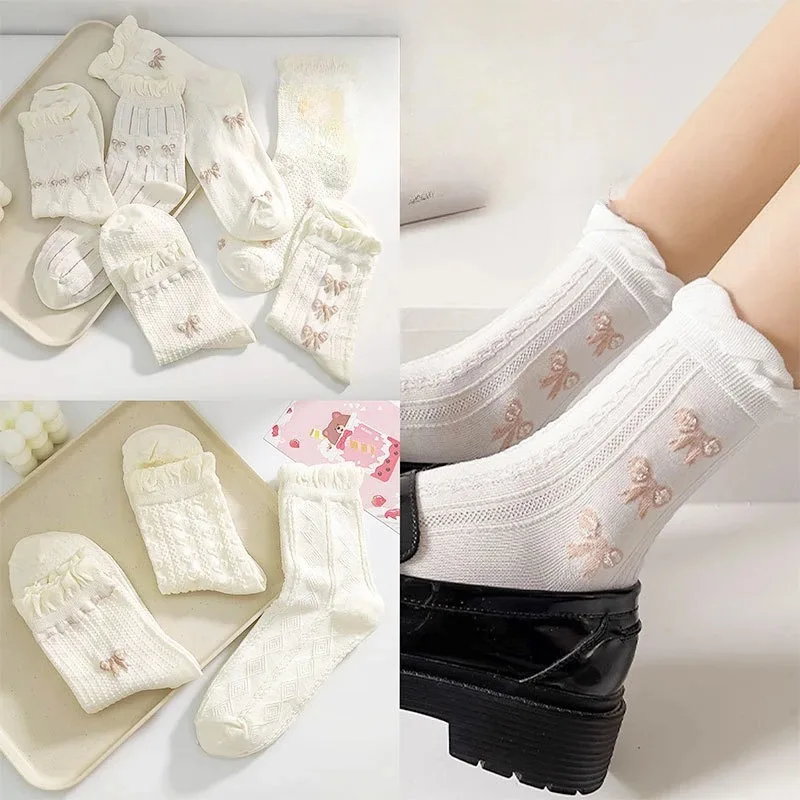 Simple White Socks Versatile Lovely Bowknot Small Flowers Women's Medium Tube Socks kawaii Harajuku jk Lolita Girls Cotton image 2