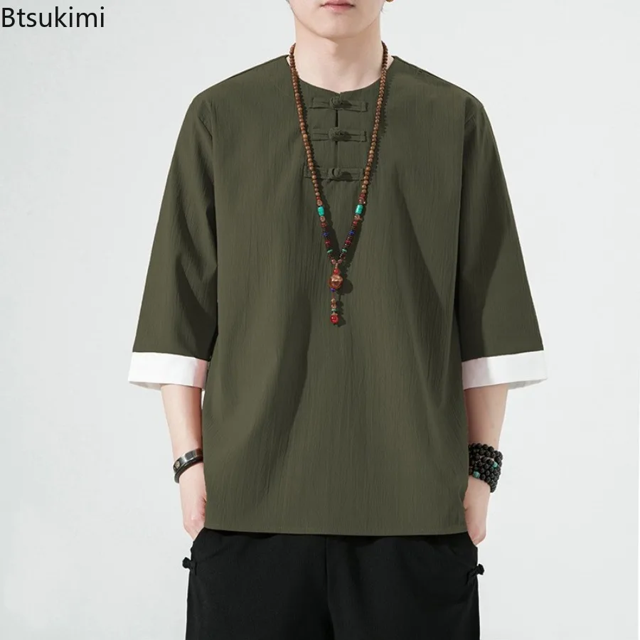 New2025 Men's Solid Vintage Cotton Linen Shirts Summer O-neck 3/4 Sleeve Casual Tops Chinese Style Men Clothing Hanfu Tang Dress