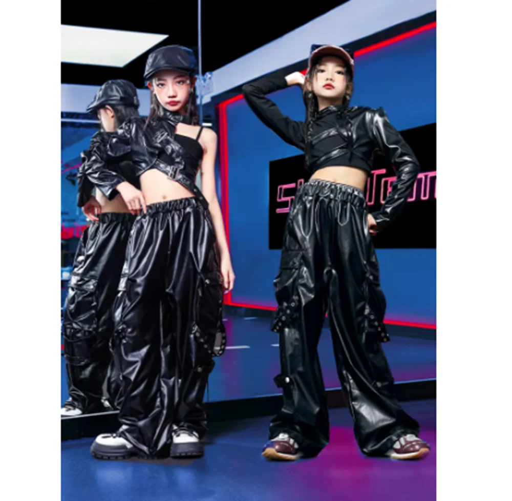 Kinderkleding Jazz Hip Hop Set Voor Meisjes Zwart Tops Shuffle Broek Kids Street Dance Kostuum Kpop Modeshow kleding Y29