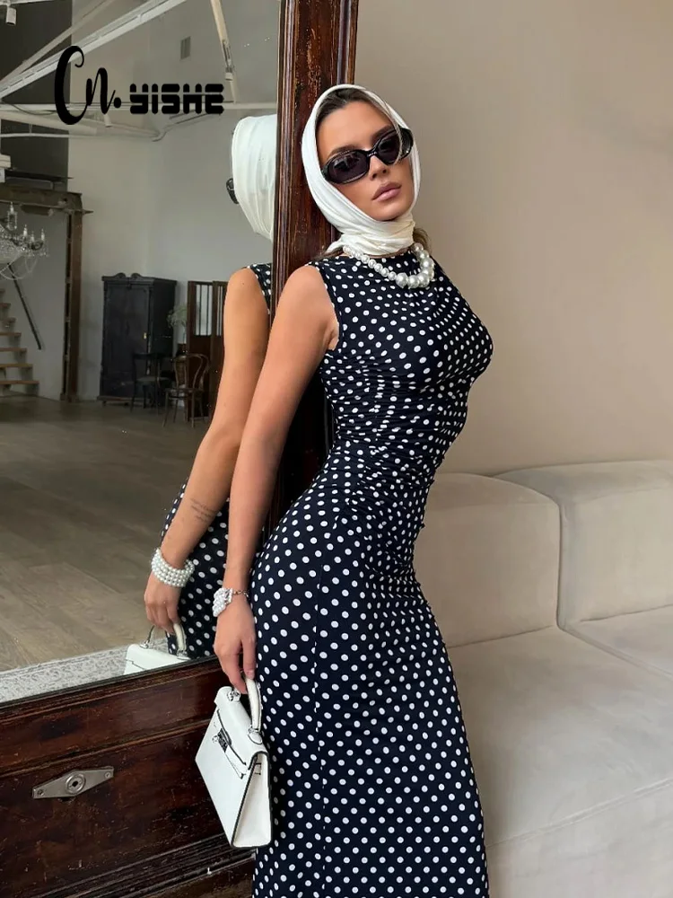 

CNYISHE Dot Prints O Neck Sleeveless Summer Skinny Trendy Women Dresses Hip Wrap Fashion Slim Elegant Party Outfis Female Robes