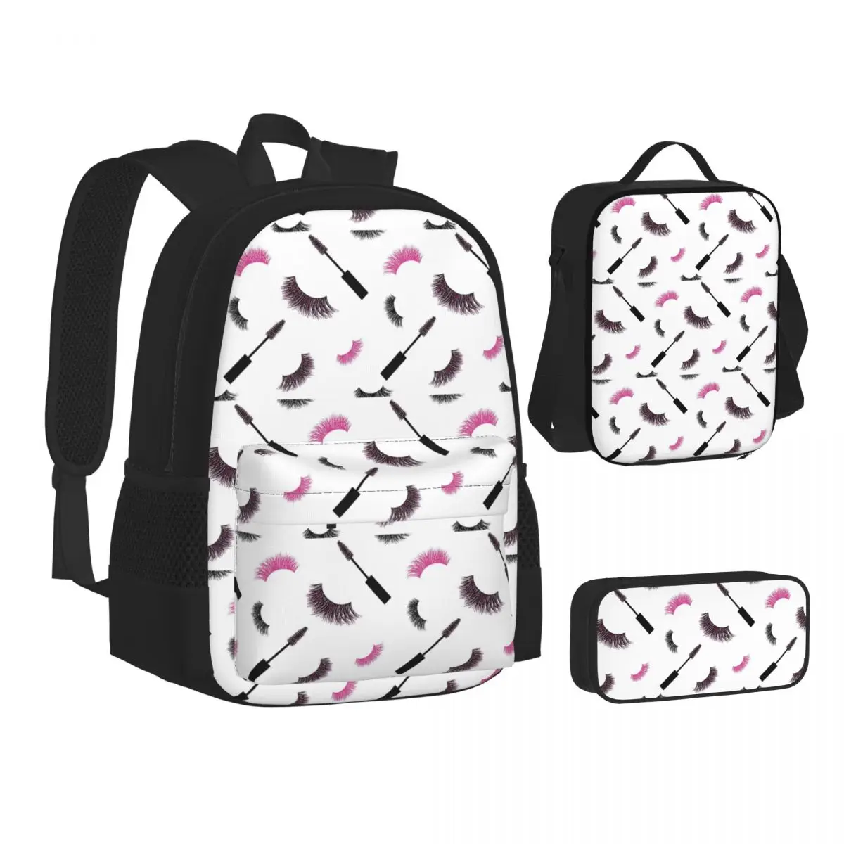 Lashes And Mascara With Pink Glitter Pattern Backpacks Bookbag School Bags Kids Rucksack Lunch Bag Pen Bag Three-Piece Set