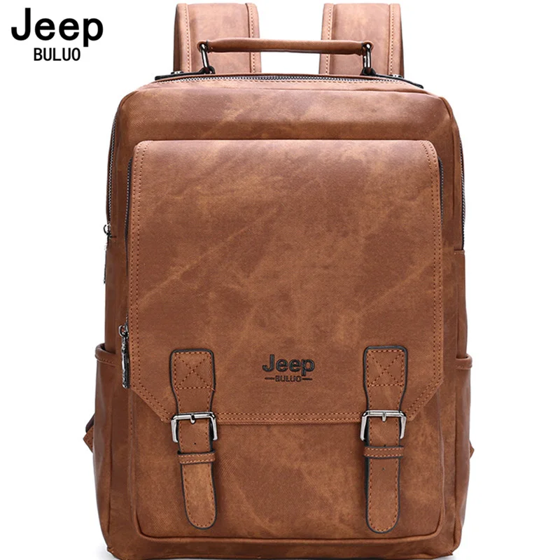 JEEP BULUO Waterproof High Quality PU Leather School Bag Outdoor Motorcycle Riding Hiking Office Brand Men\'s Backpack Leisure Tr