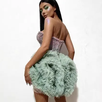 

Green diamond dress puff skirt sexy stage performance dress banquet party dress ballroom birthday Costume
