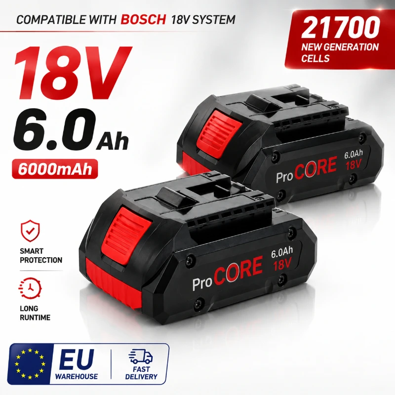 18V 6,0Ah Li-Ionen-Akku 21700 Zellen Hochleistungs-Ersatzpack mit Smart BMS Kompatibel mit Bosch Professional 18V Akku-Werkzeugen BAT609 BAT618 EU-Lager Schneller Versand