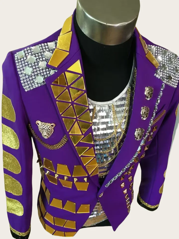 Handmade Fashion Man Gold Mirrors Sequins Decoration Suit Jacket Stage Show Performance Coat Club Singer Ds Dancewear