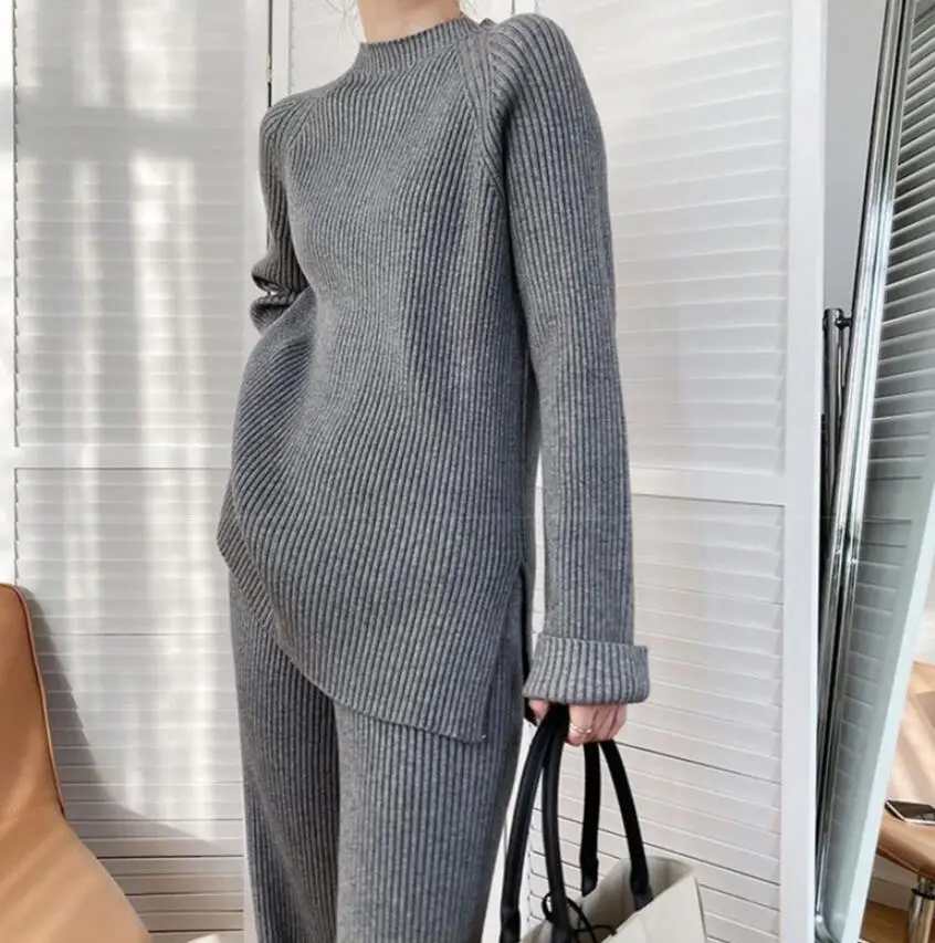 New Autumn/Winter Fashion Long Sleeved Round Neck Knitted Solid Color Slim Fit Shirt + Wide Leg Pants Set For Women,6 Colors