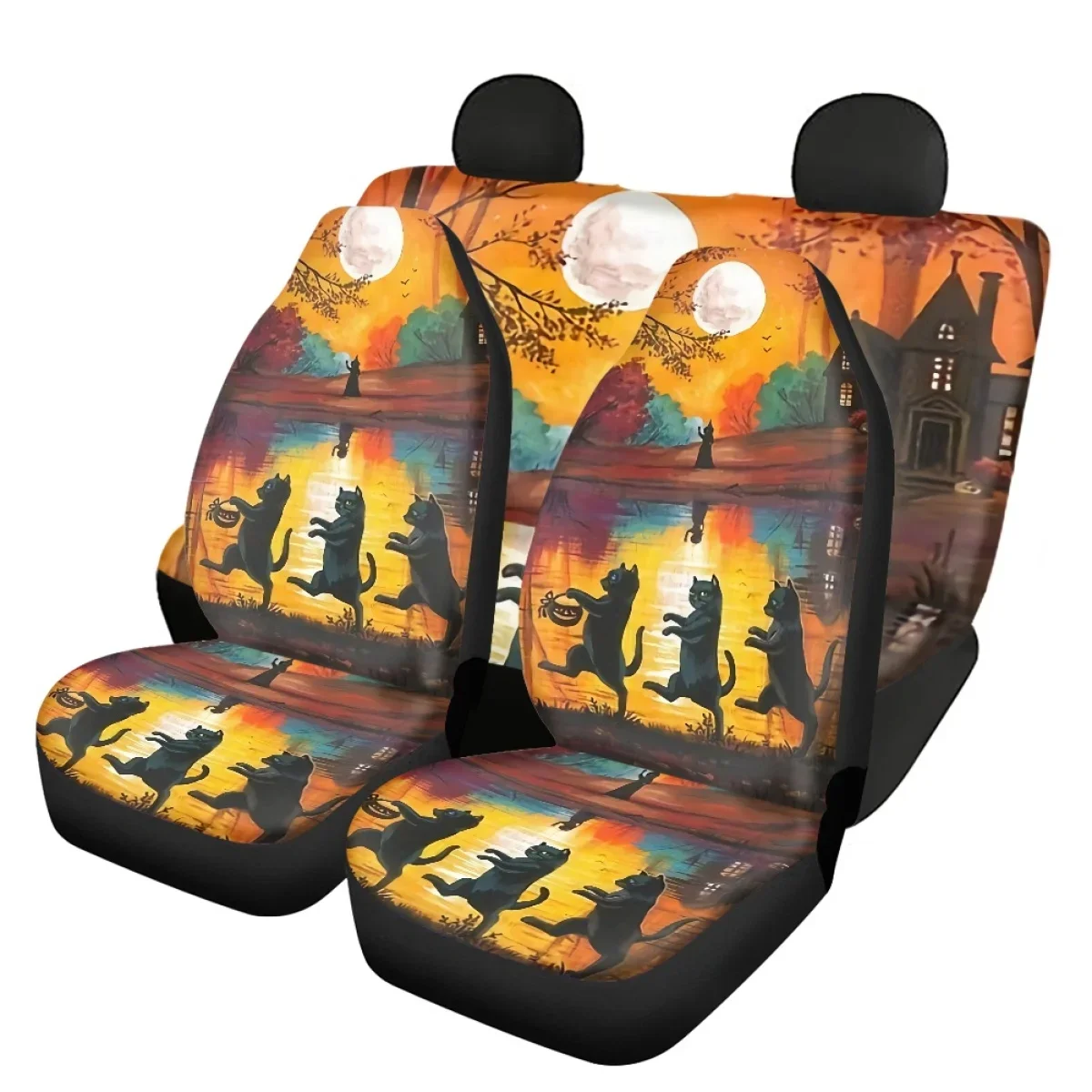 Front&Back for Car Seat Covers Black Cat Witch 3D Cartoon Design Vehicle Accessories Easy to Install Full Set 4 Slip-Resistant