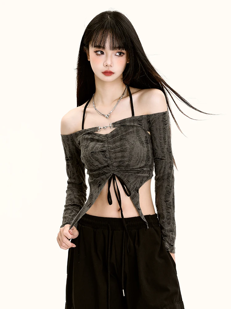 Sweet And Spicy JiaZz Short Crop Top Women's Sexy Elegant Design Pleated Hanging Neck One Shoulder T-Shirt Commute Style Poly...