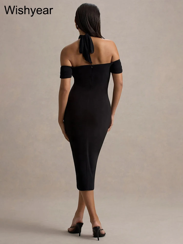 Wishyear Sexy Off-shoulder Sleeveless Skinny Black Mid Dress Women Elegant Hollow Out Halter Backless Birthday Party Vestidos