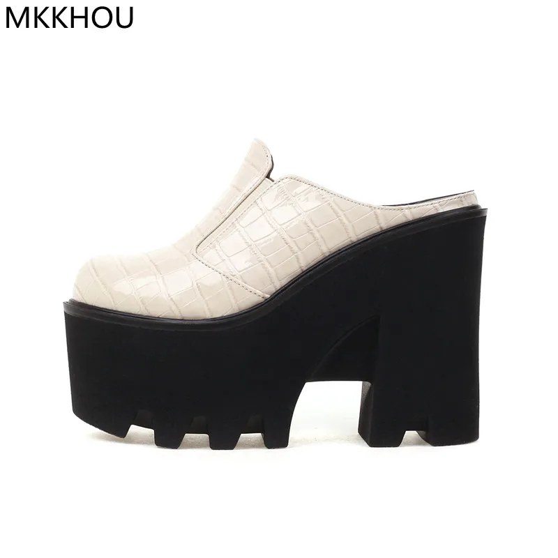 MKKHOU Fashion Women Shoes New Patent Leather Printing Round-toe Thick-soled Slippers Increase Casual Neutral Shoes Mules