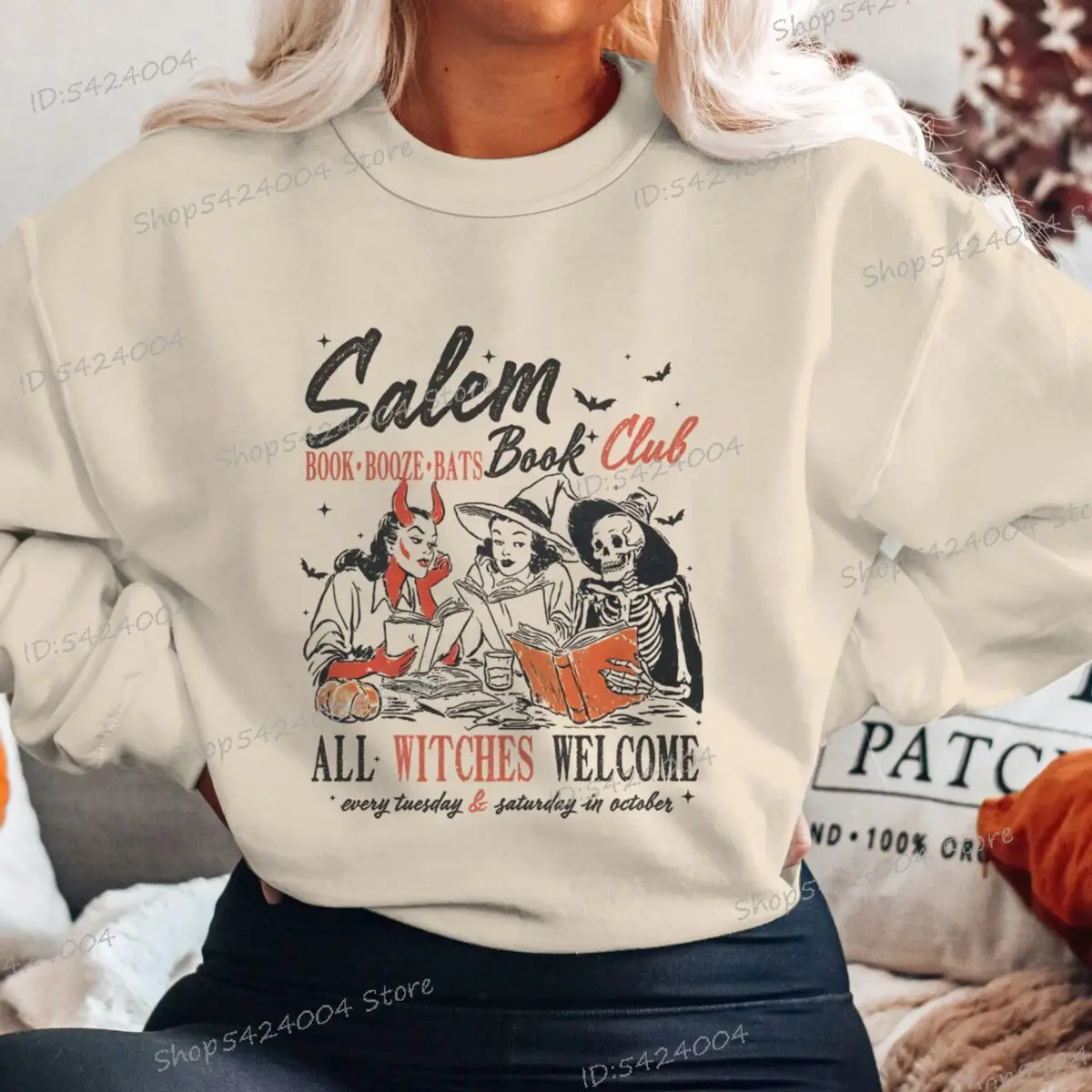 魔女ブッククラブ スウェットシャツ ハロウィンブック スケルトン レディース服 ファッション クルーネック ブックワーム 長袖 不気味な季節 プルオーバー