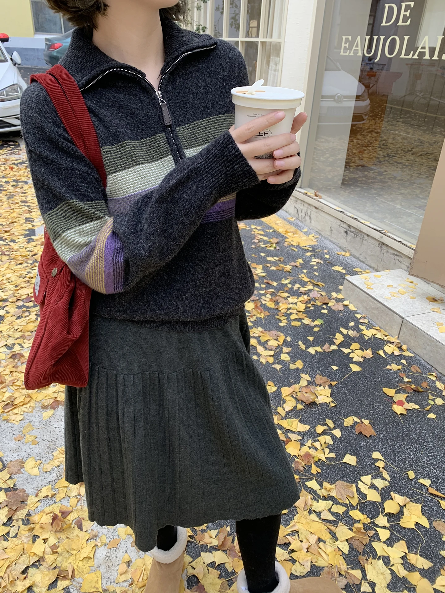 

Винтажный свитер Elinsu на молнии для женщин, темно-серый, с полосатым дизайном, повседневный топ свободного кроя с длинными рукавами, зимняя мода