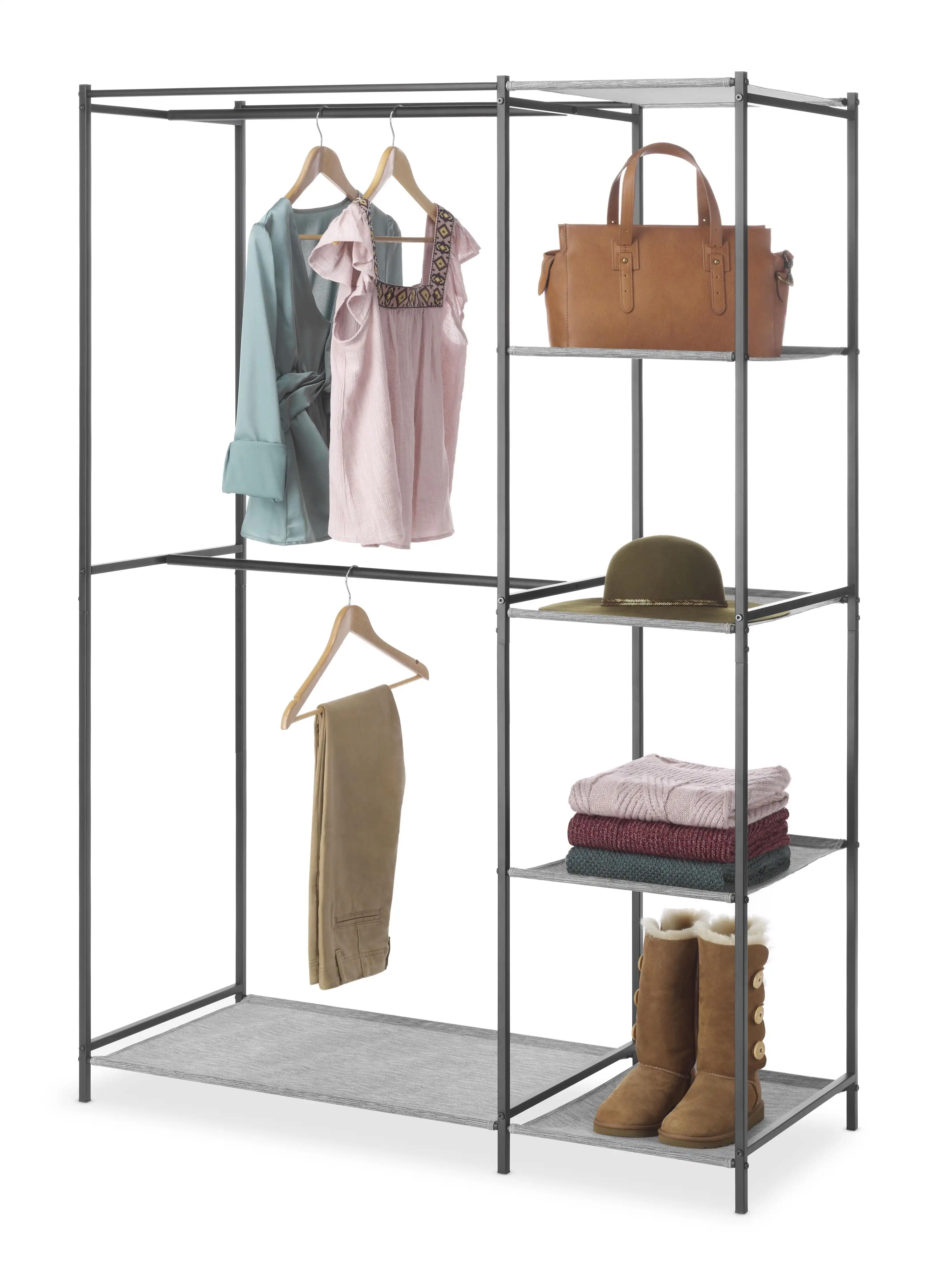 

Portable Double Rod Closet with Shelves, Matte Black