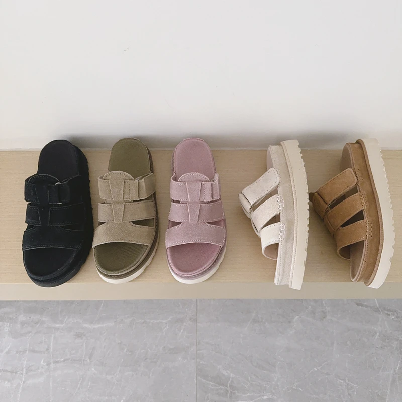 

Women's Plus Size Thick Sole Frosted Slippers, Brand Cowhide Platform Sandals, Summer Beach Casual Comfort Slip-on Shoes