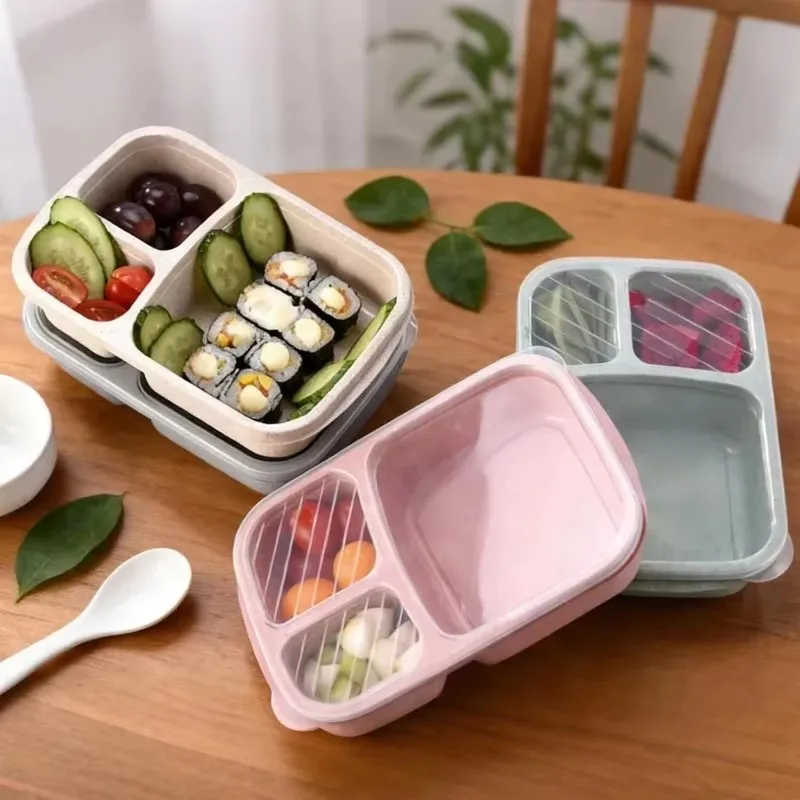 1/2pcs Bento Lunch Box Set 3 Compartment Food Storage Containers Wheat Straw Meal Prep Lunch Box Plastic Food Storage Container