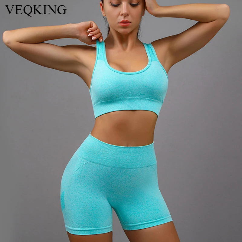 VEQKING Seamless 2 Pcs Yoga Set Women Hollow Back Fitness Workout Clothing Tracksuit Sportswear Outfit Crop Top Gym Shorts Set