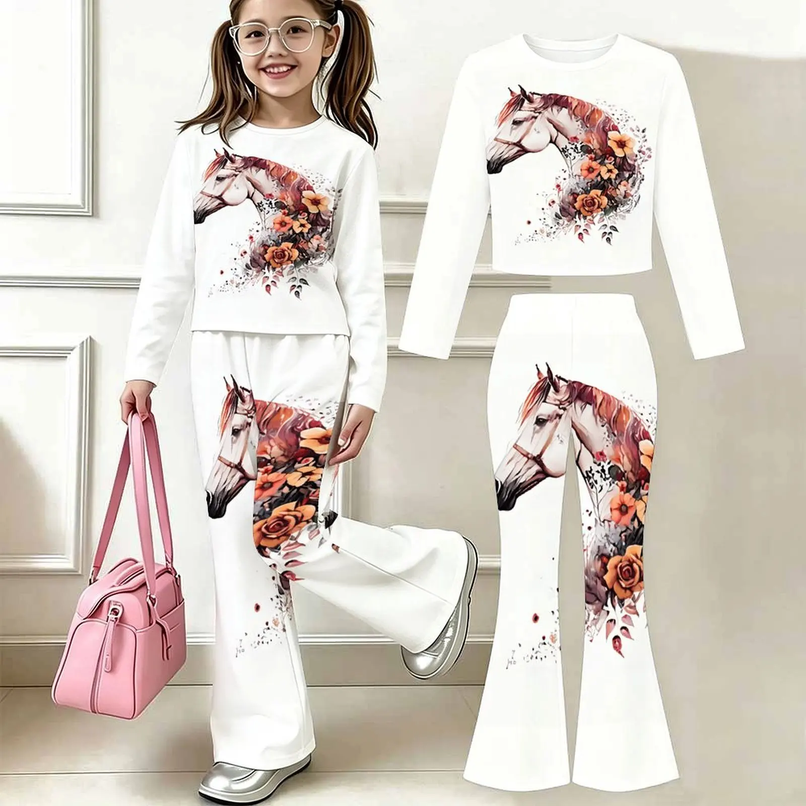 2pcs Autumn Winter Girls' Round Neck Long Sleeved Slim Two-piece Set Fashion Bell-bottomed Pants Children's Casual Pants