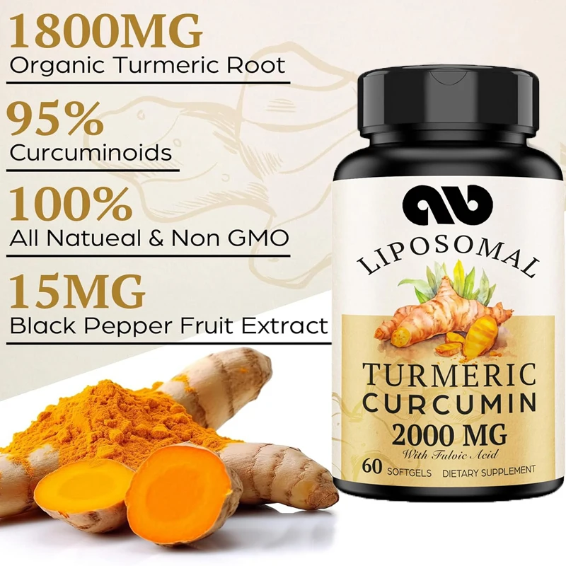 Liposomal Turmeric Curcumin Supplement 2000mg, 95% Standardized Curcumin Extract and Organic Root Powder (15mg), 60 Capsules