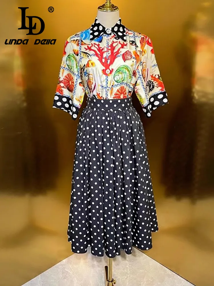 LD LINDA DELLA Fashion Designer Summer Skirt Sets Women's Bohemian Beach Print Shirt+Polka Dot Print Skirt Two Pieces Set