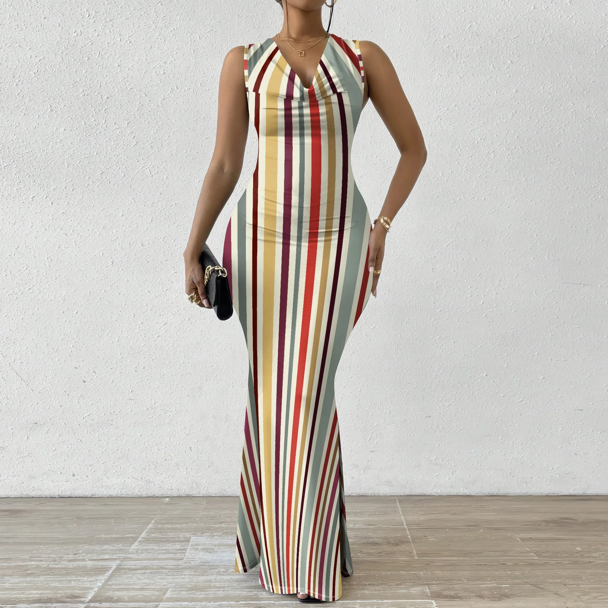 

Striped Bodycon Maxi Dress XS-2XL Sleeveless V-Neck Slim Fit Style for Summer Streetwear, Fashion Party or Afro Art Event Look