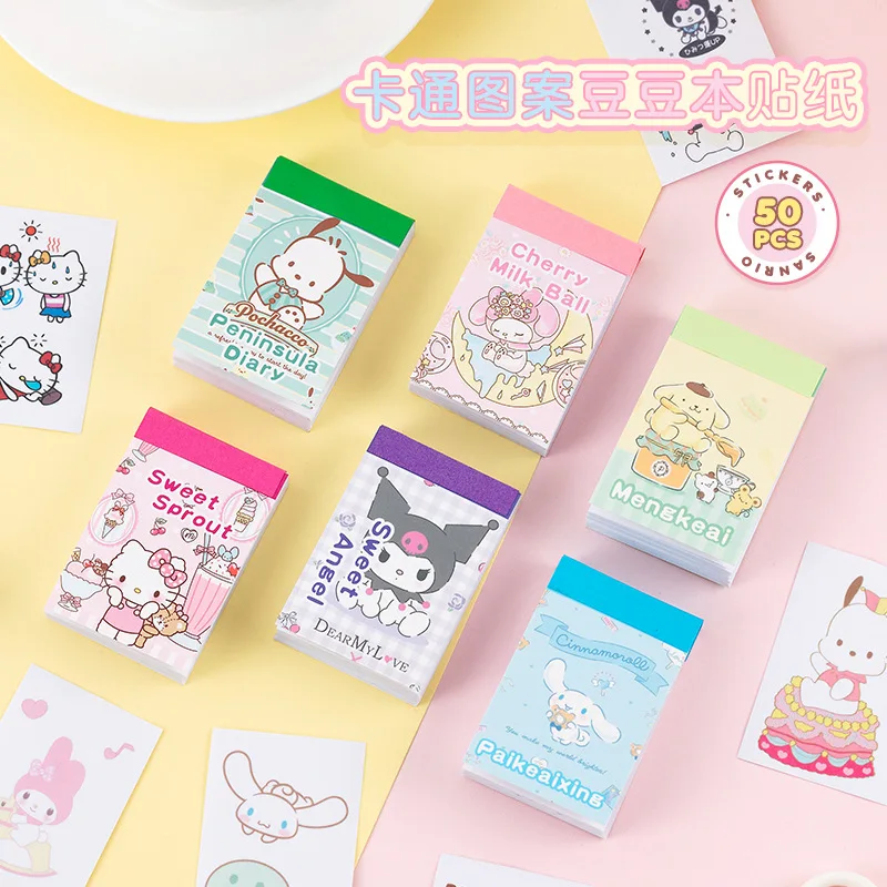 50pcs MINISO Hello Kitty Kuromi Melody Phochacco Kids Stickers Cartoons Anime Cute Girl Sticker Book Children Birthday Gift Toys