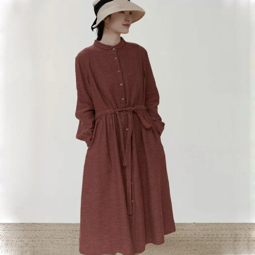 Maillard Autumn Cotton Linen Fried Color Long Sleeve Dress Women Vintage Single Breasted Drawstring Slim Temperament Long Skirt