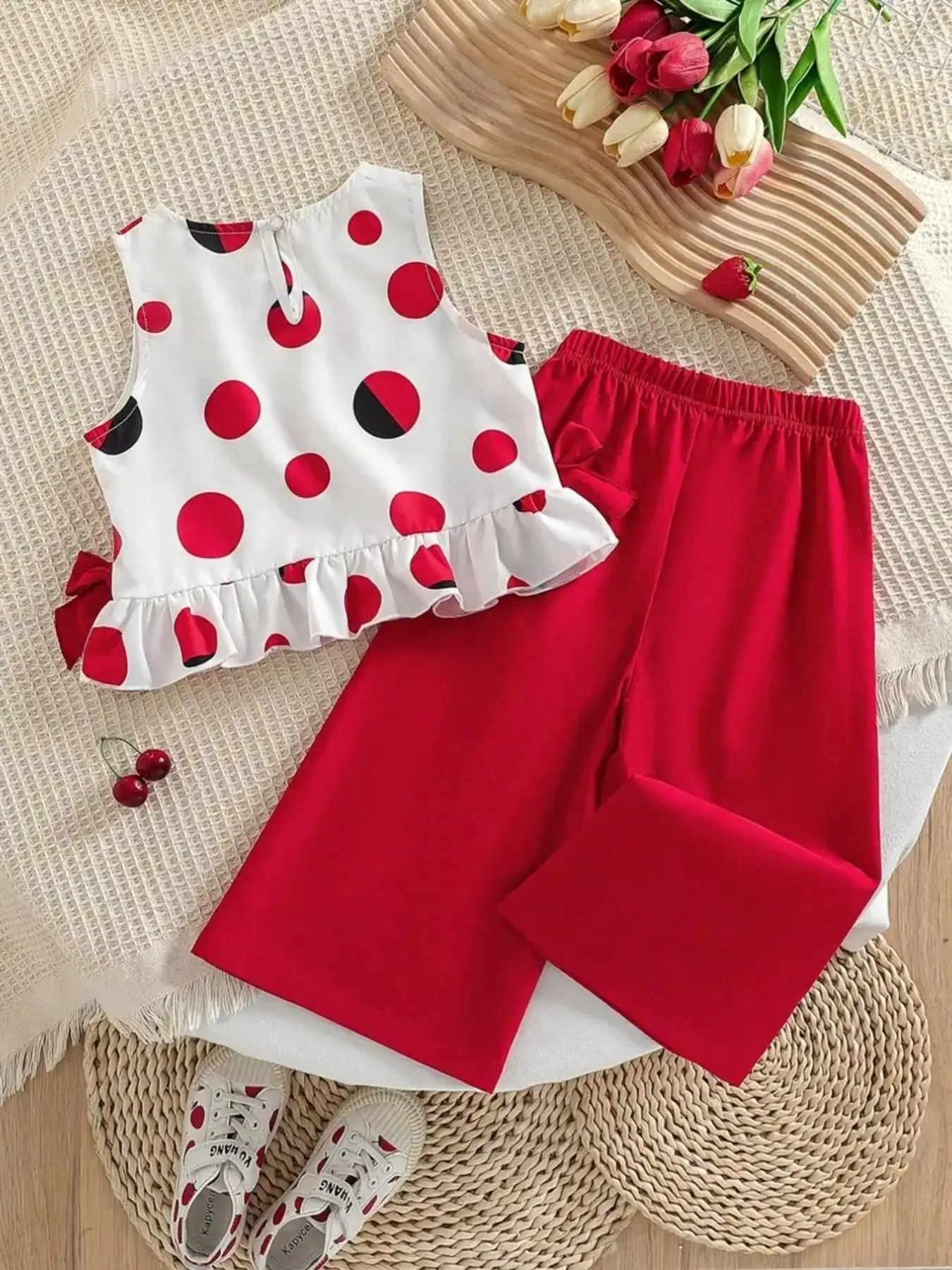Girls' Summer Casual Polka Dot Sleeveless Top And Wide Leg Pants Set with Ruffled Bow Design Perfect for Shopping Parties And Va