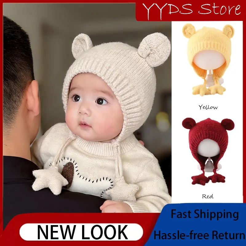 Cute Bear Kids Knitted Earflap Hat Autumn Winter Thick Warm Windproof Beanie for Boys Girls