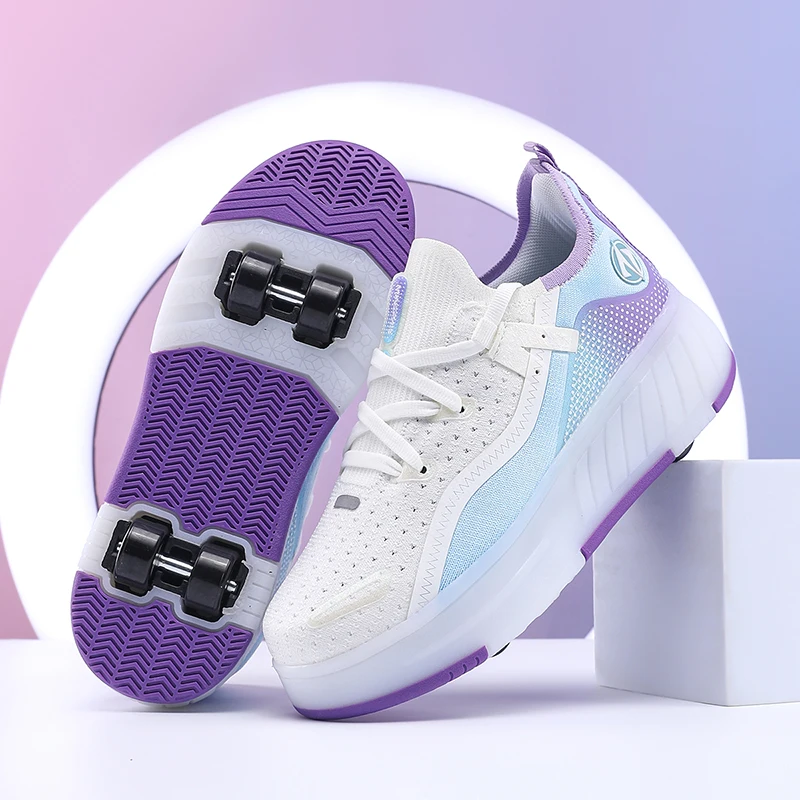 Patins à roulettes pour enfants, chaussures de sport, chaussures de sport respirantes en maille, chaussures de sport pour filles, patins à roulettes, baskets, rose, violet