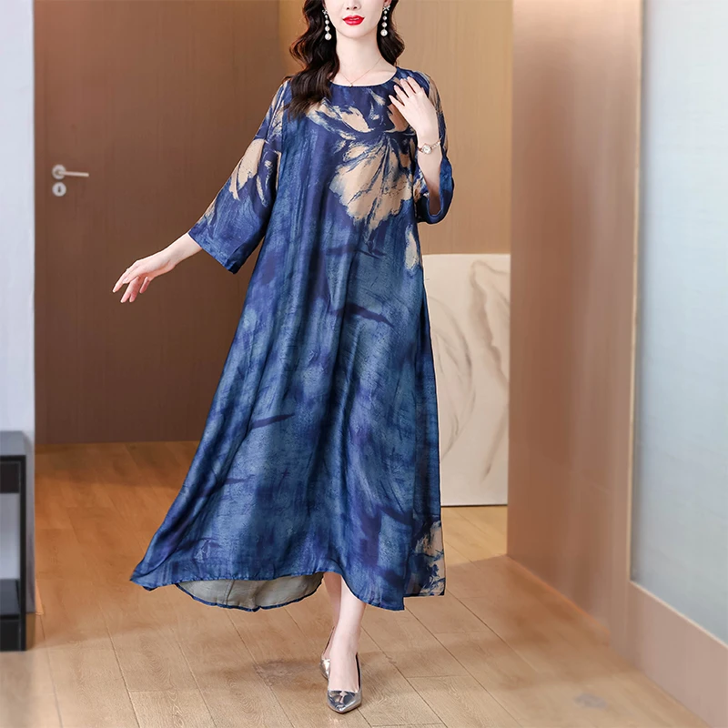 ヴィンテージプリントブルーシルクサテン高品質ドレスエレガントな女性のボディコン Vestidos 夏カジュアルプラスサイズミディドレス JJ15