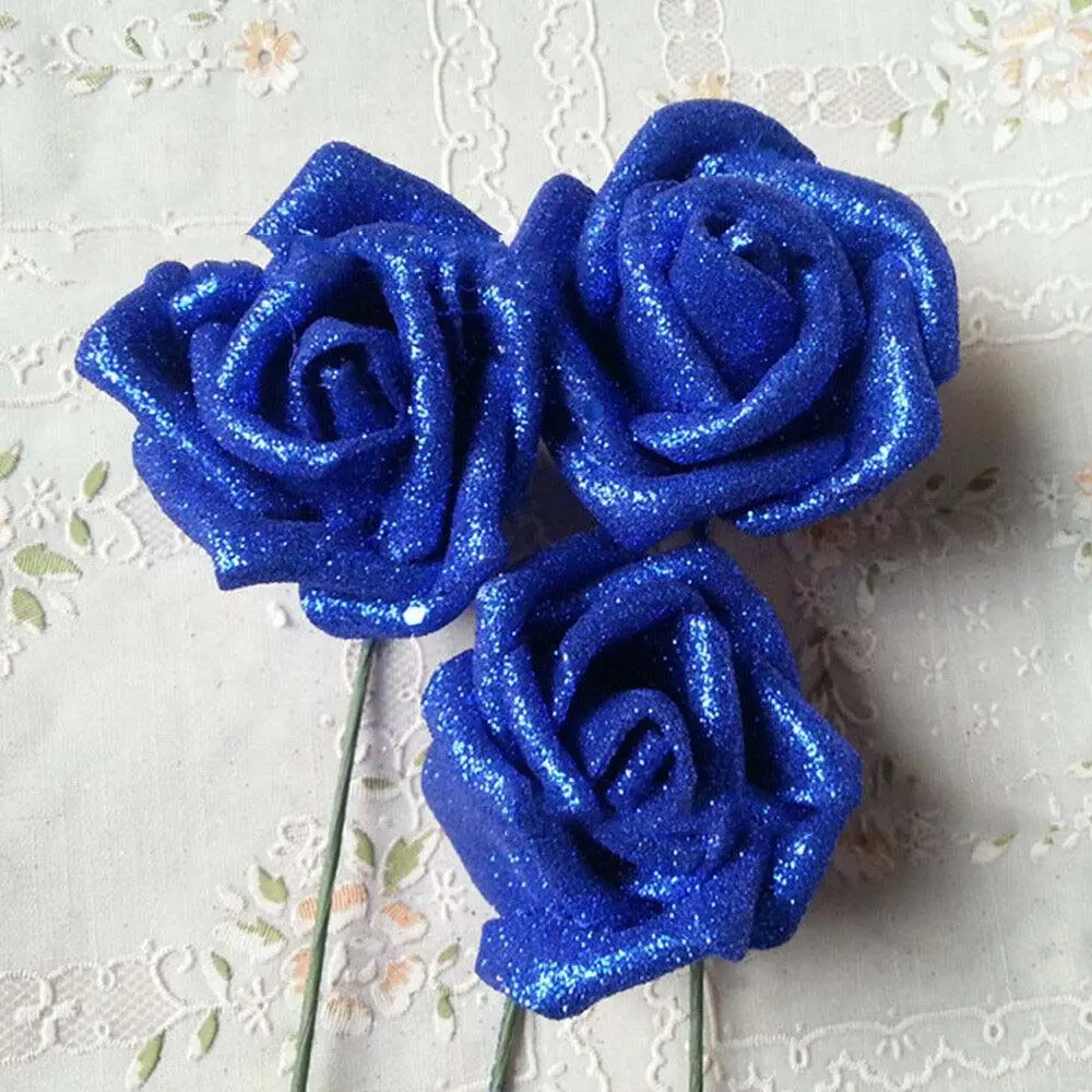 Bouquet da sposa da 10 pezzi con polvere glitterata rose blu rose artificiali fiori artificiali decorazione rose in schiuma