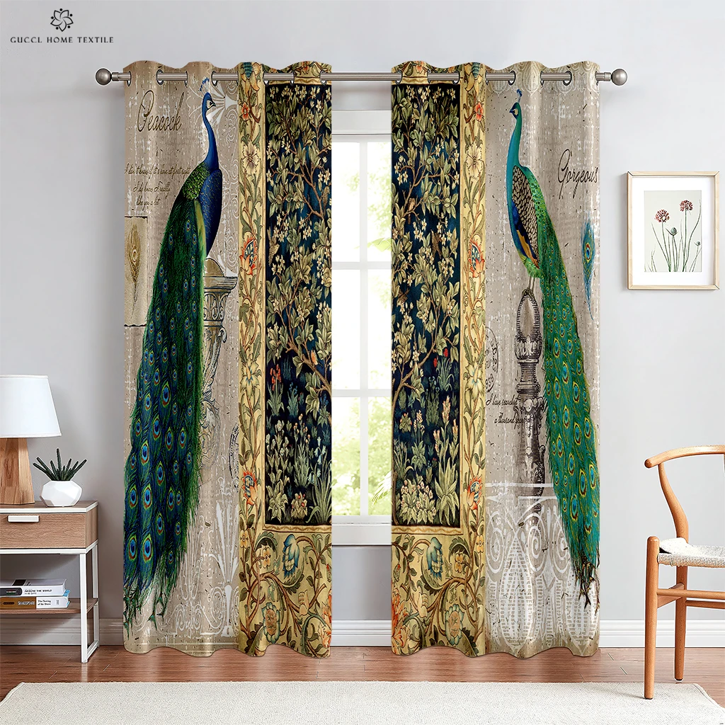 Vintage Peacock 3D Printing Window Curtains, Rod Pocket, Bedroom, Living Room, Kitchen Decoration, Can Be Customized, 2Pcs