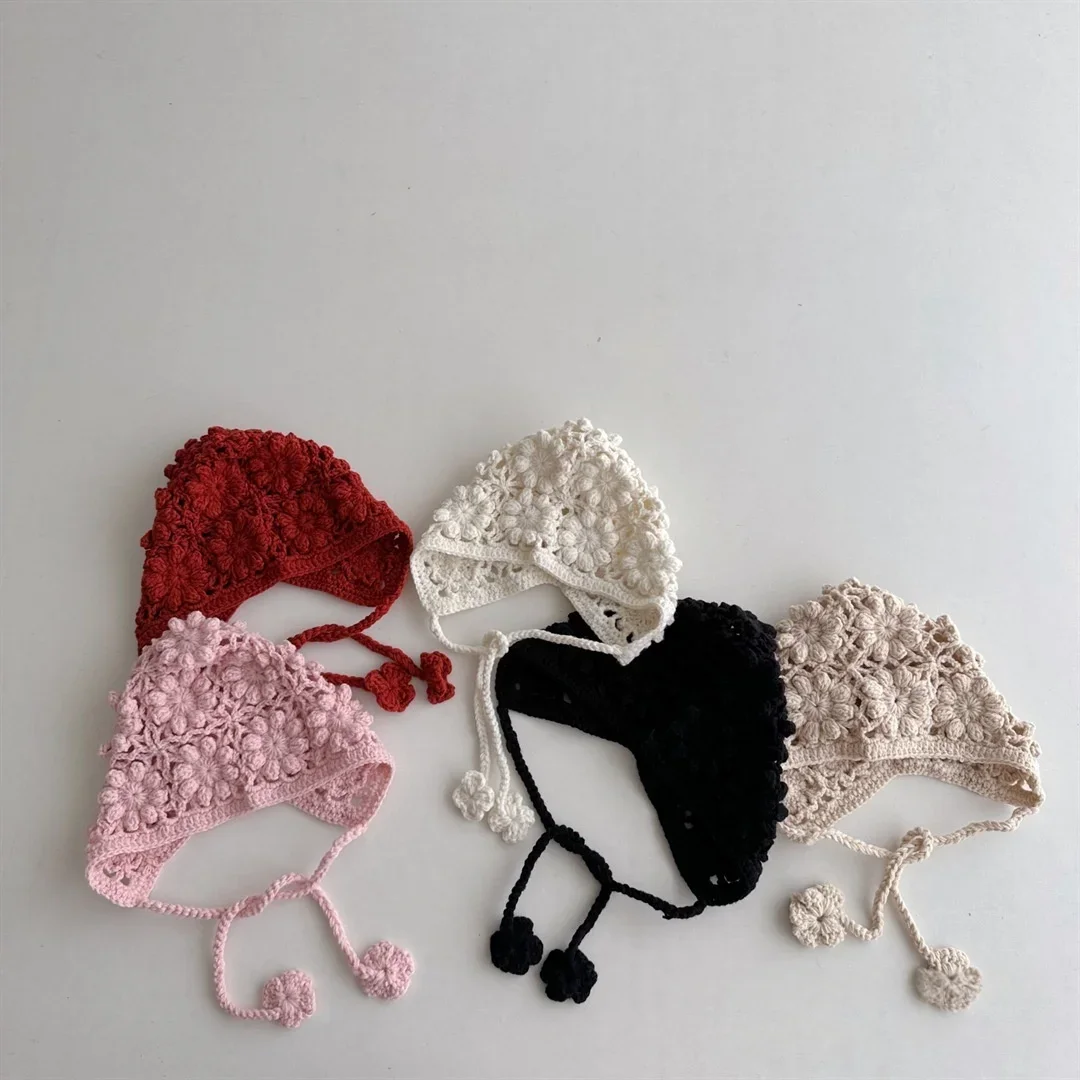 

Knitted Baby Hat Kids Girls Handmade Crochet Ear Flap Beanie Cute Hollow Out Warm Spring Headwear Fashion Ear Protection Cap