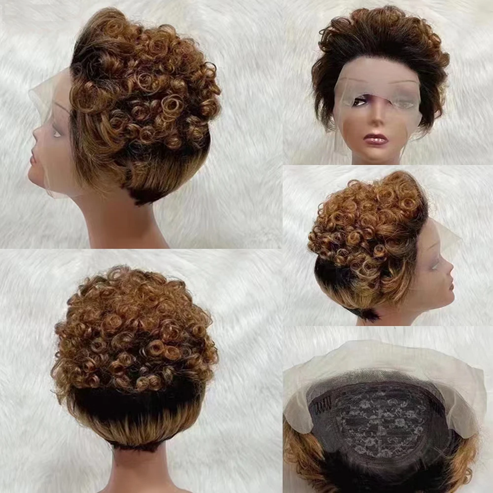 Fantasia pixie corte peruca de cabelo humano curto encaracolado perucas de cabelo humano para as mulheres barato 13x1 rendas frente malásia peruca afro sem cola peruca encaracolado