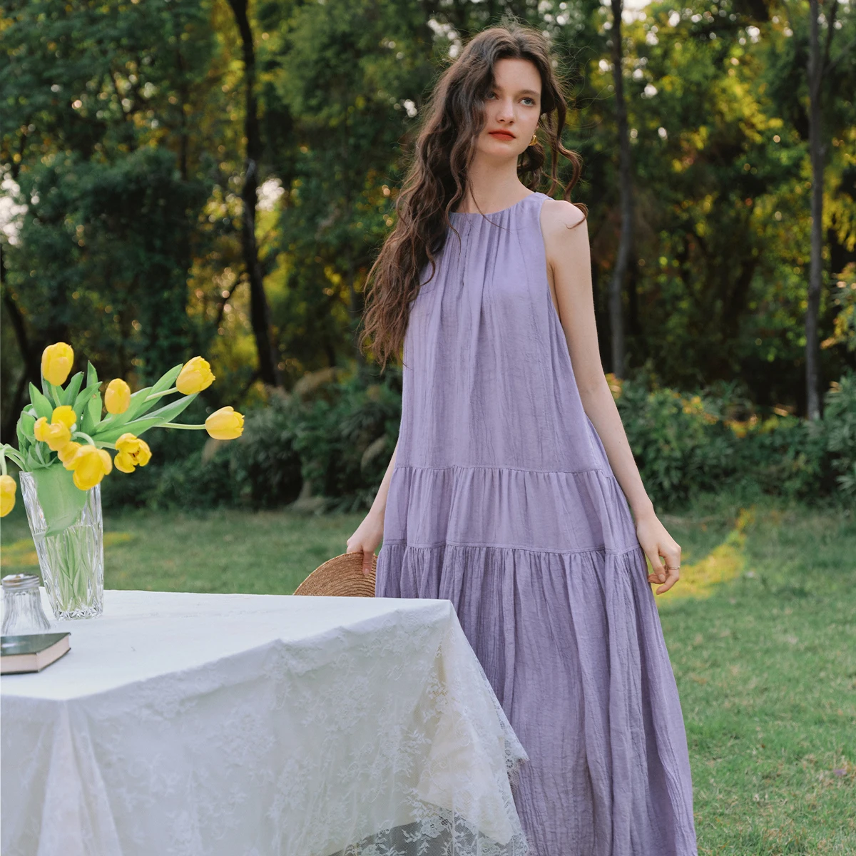 OLrain الصيف الأرجواني فستان عطلة طويلة 2025 بلا أكمام فضفاضة تعادل الظهر عطلة موضة فستان فلوي ملابس امرأة O57XL99228 #3