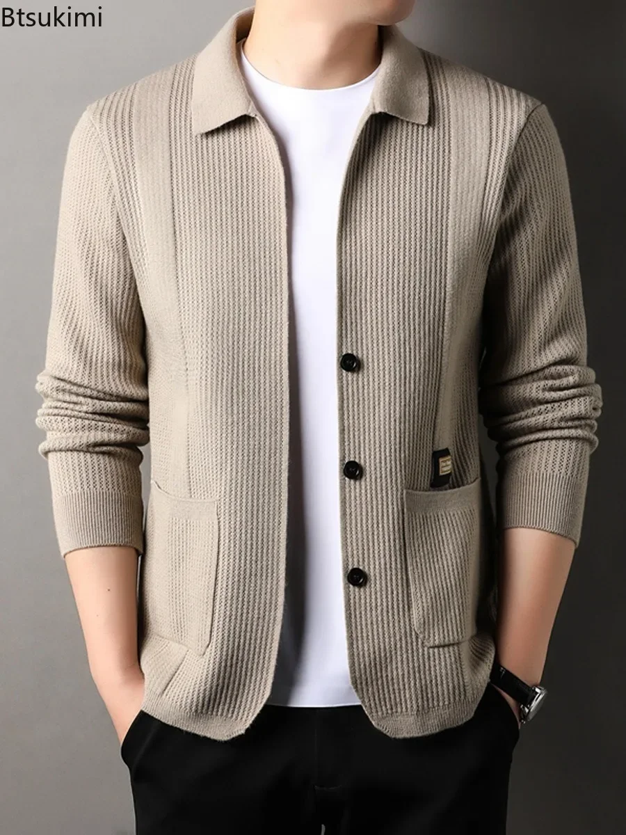 High Quality Men's Knitted Cardigan Fashion Business Casual Lapel Jacquard Sweater Coats Comfort Versatile Knit Suit Jacket Male