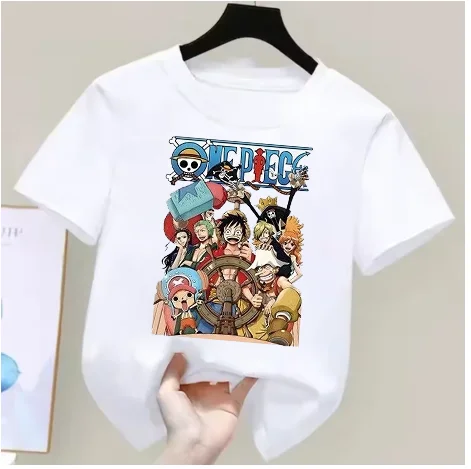One Piece Straw Hat Crew Q Version Graphic Cotton T-Shirt, Boys Girls Harajuku Streetwear Anime Children Short Sleeve Tee