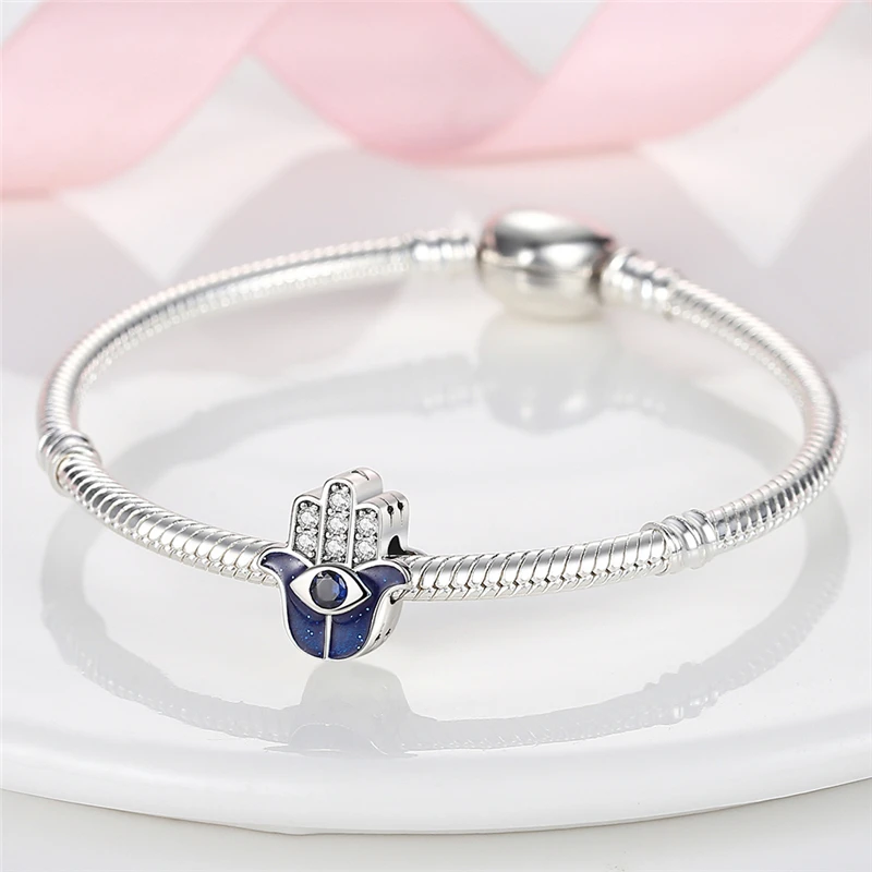 PAMELA 925 Sterling Silver Demon Evil Eyes Blue Charm Fatima Hand Bead For Original Bracelet DIY Jewelry Charms Plata De Ley