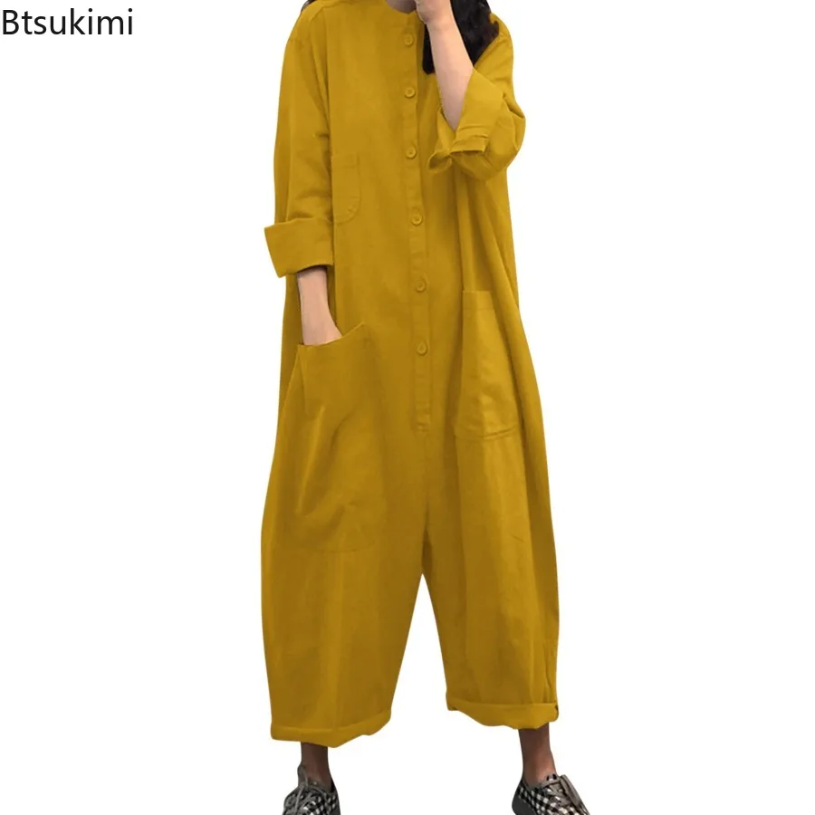 2024 Women\'s Casual Solid Jumpsuits Fashion Stand Collar Long Sleeve Multi Pocket Shirt Rompers Females Loose Wide Leg Overalls