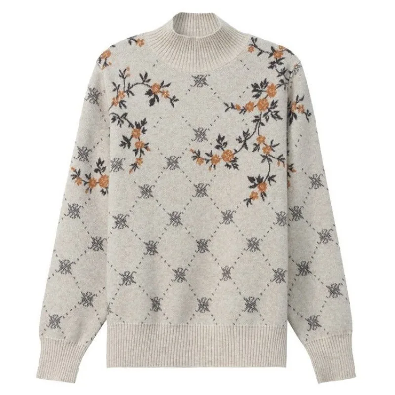 Women Sweater Pullovers Vintage Floral Print Jacquard Knit New Loose Thickened Chic Sweater for Women Short Tops Tide High Neck