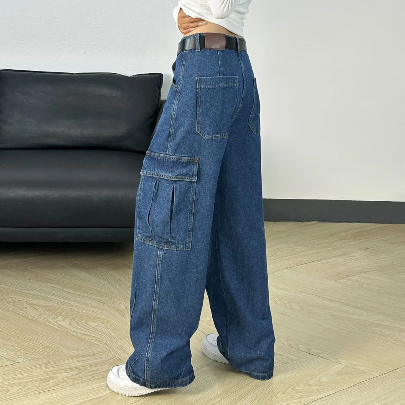 Vintage cargo jeans Koreaanse stijl rechte pijpen casual grote zak ontwerp 2025, nieuwe trendy denim broek vrouw denim broek