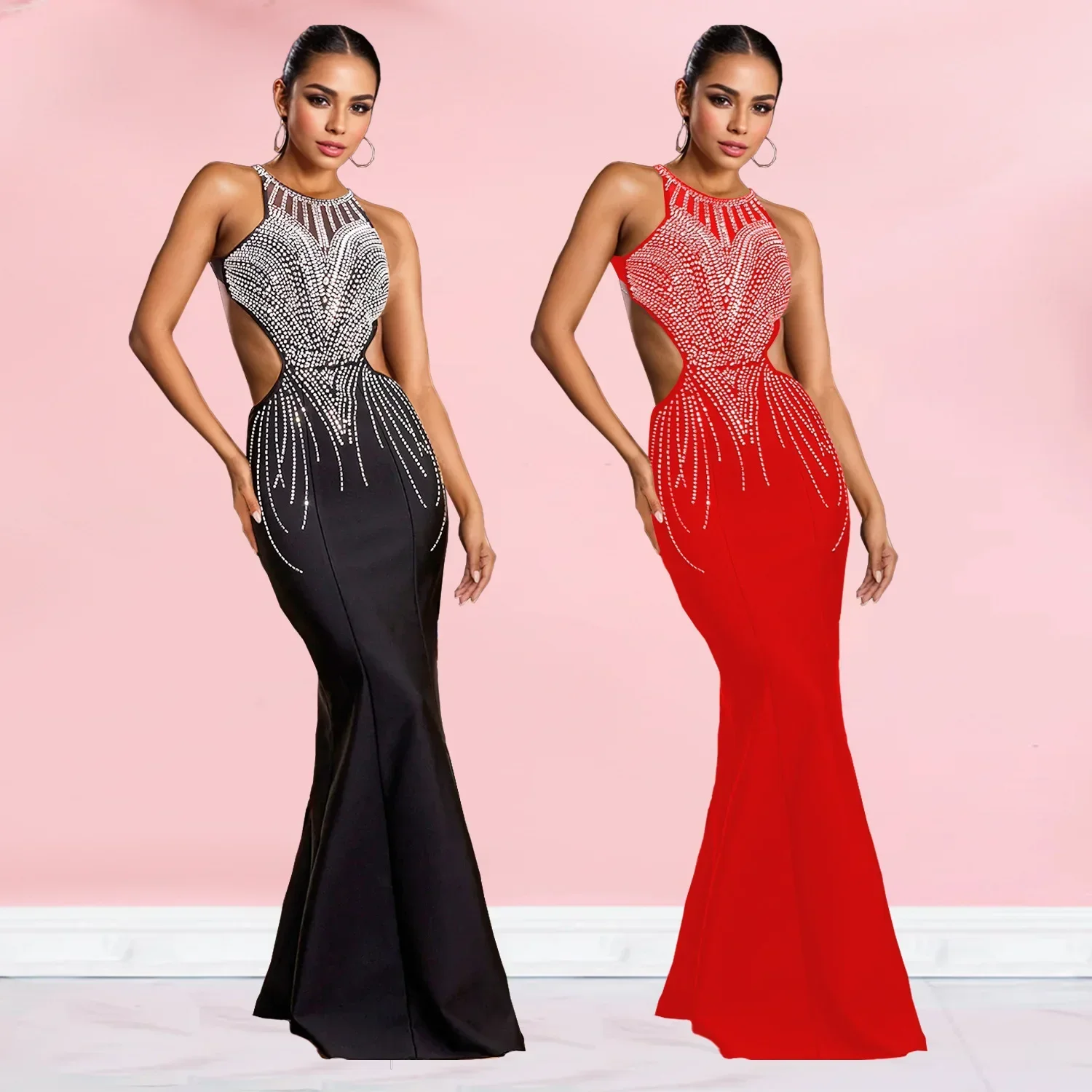 2024 Autunno Diamanti Strass Caldi Donne Senza Maniche Sirena Abito Lungo Backless Festa di Compleanno Serata Prom Maxi Abiti