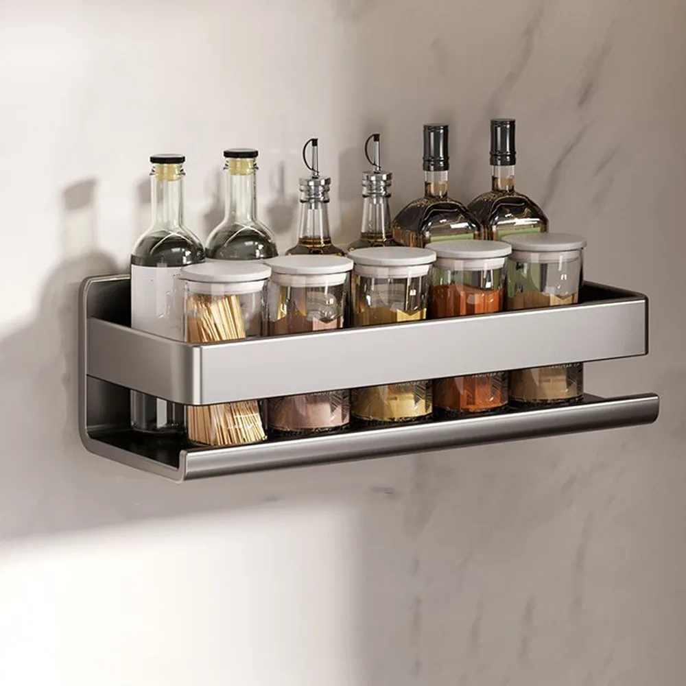 Wall Mounted Kitchen Storage Rack Rust Resistant No Drilling Wall Rack Moisture Resistant Adhesive Hanging Spice Rack