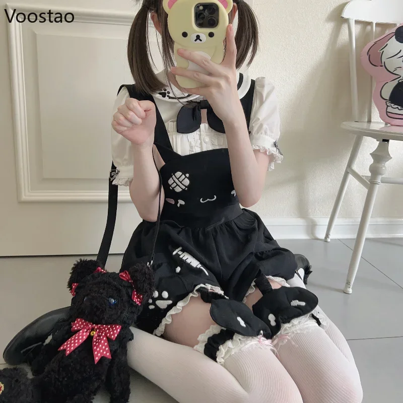 Y2k Lolita Style Overalls Shorts Set Women Sweet Sailor Collar White Shirt Cartoon Cat Rompers Suit Blouse Shorts 2 Piece Set